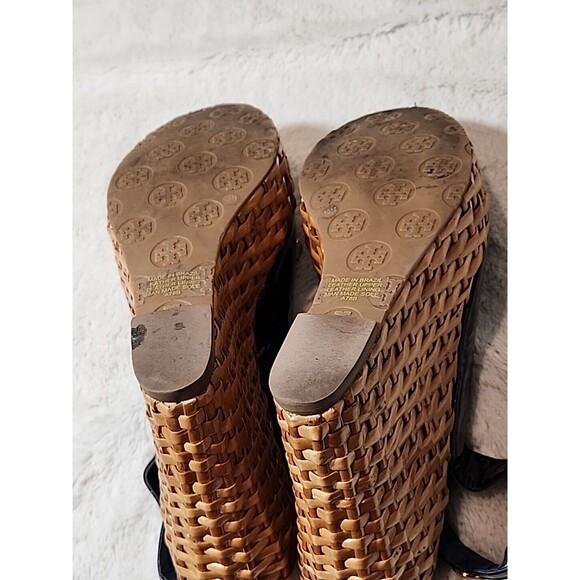 Tory Burch Navy Blue Patent Rope Bow Wedge Slingback Peep Toe Sandals Womens 10‎ - Picture 10 of 11